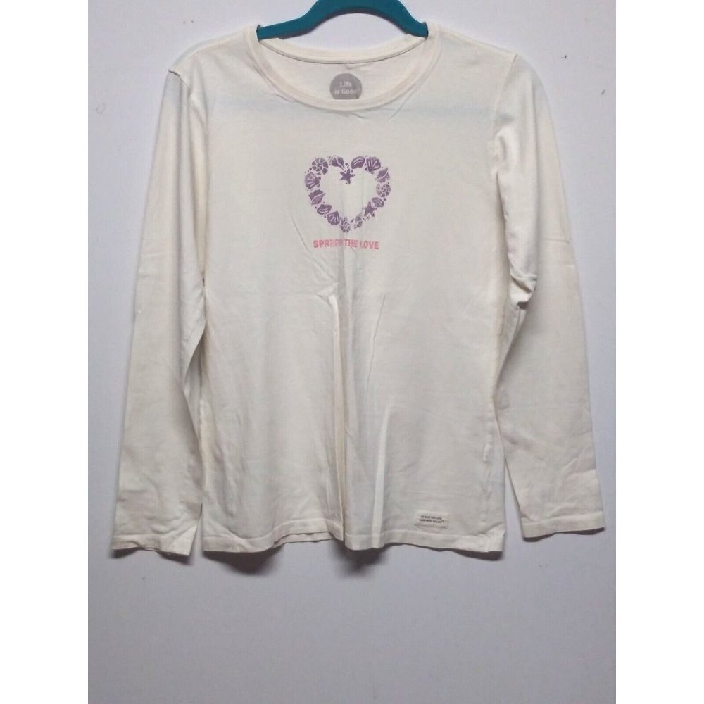 Life is Good Spread the Love T Shirt Women's Size M Ivory Long Sleeve Heart EUC